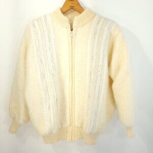 Vintage Jinx Senior Zip Front Sweater Jacket Women's Med Cream Wool Mohair
